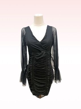 Nwt CAPSULLE Black Plunge Ruched Dress Tulle Sleeves (Sz L)